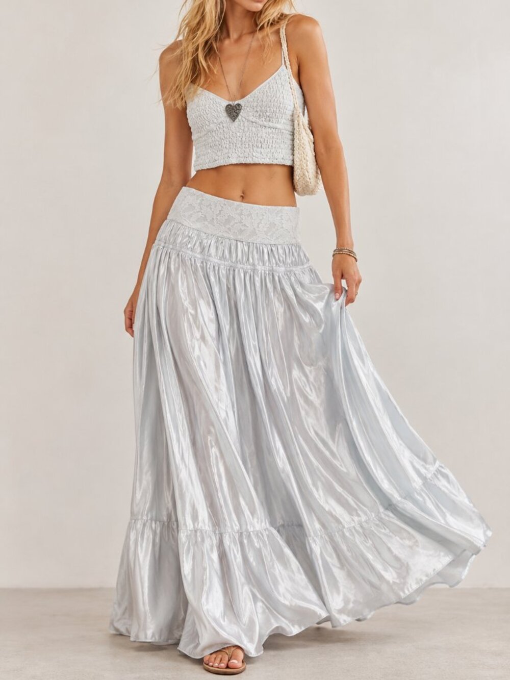 Free People Aster 2 Piece Maxi Skirt Set Silver White Size L $198 Retail